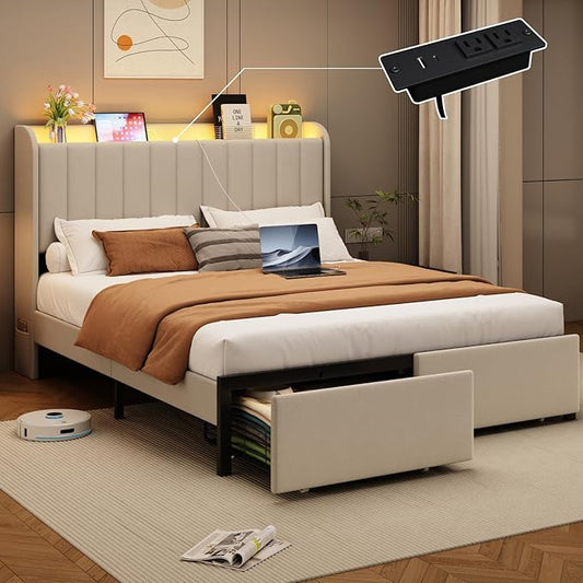 Full Size Bed Frames with Storage Headboard and 2 Drawers, Upholstered Platform Bed Frame Full with Led Lights and Handy Charging Station, No Box Spring Needed, Easy Assembly, Noise Free, Beige
