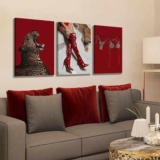 XLYFVLGF 3Pcs Red Fashion Leopard Canvas Wall Art Cheetah Wall Decor Pictures Stylish long boots print Bikini Painting Artwork for Living Room Bedroom Bathroom Corridor Home Decoration 12x16in