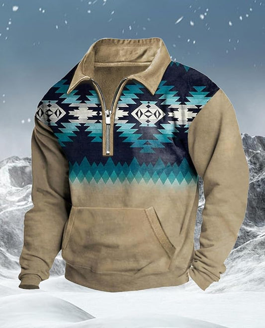 Western Sweatshirts for Men Aztec Cowboy Vintage Graphic Fleece Hoodie Mens Quarter Zip Pullover Country Jacket
