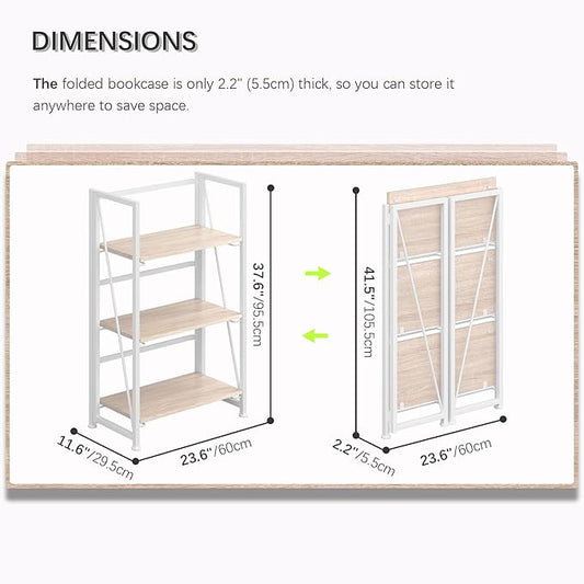 4NM No Assembly Folding Bookshelf Storage Shelves 3 Tiers Vintage Bookcase Standing Racks Study Organizer Home Office (Natural White)