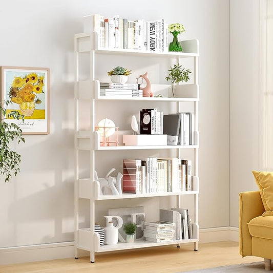 Wide Open Shelf Bookcase - Modern 5-Tier Floor Standing Display Bookshelf with Three-Side Baffles and Metal Frame for Home and Office, Storage Shelving, Warm White