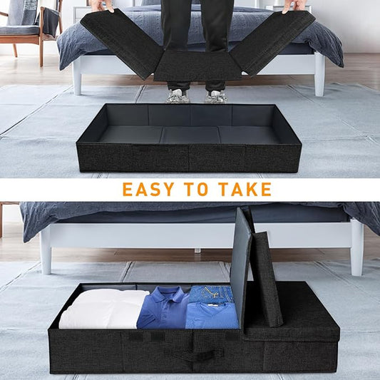 punemi Under The Bed Storage Containers 3 Pack, 6 Inch Tall Stackable Underbed Storage Bins With Handles, Closet Organizers and Storage Bins, Large Under Clothes Drawer Organizers Box For Crib, Black