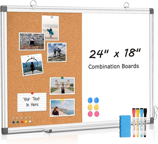 WALGLASS Combination Magnetic Whiteboard & Corkboard, 24"x18" Combo for School, Office & Home, Dry Erase Board with Removable Tray, Pins, Eraser, Markers & Magnets