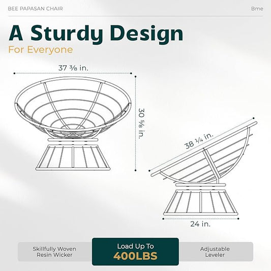 Bme 40" Ergonomic Wicker Papasan Chair with Soft Thick Density Fabric Cushion, Bee-Designed Base, High Capacity Steel Frame, 360 Degree Swivel for Living, Bedroom, Reading Room,...