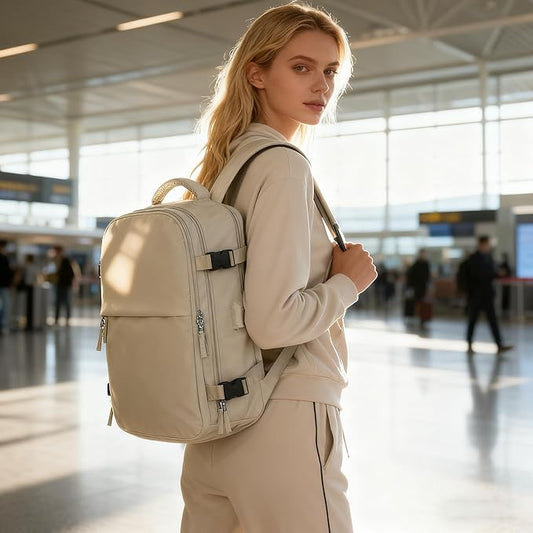 suwasp Vacuum Compression Backpack, 45L Expandable Travel Backpack with Electric Vacpack Pump, Travel Vacuum Bags with Shoe Compartment/17inch Laptop Compartment/USB Port, Beige