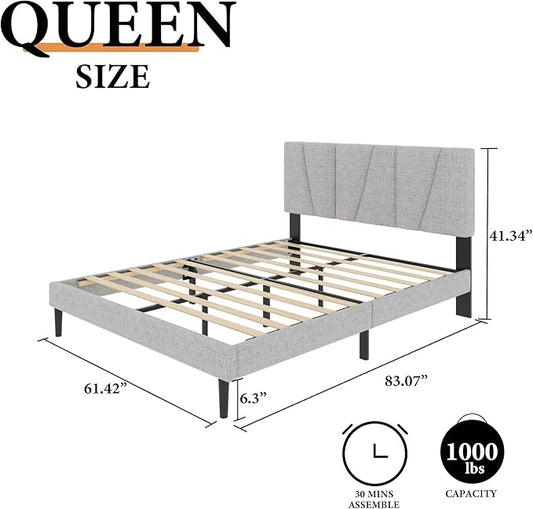 Queen Size Platform Bed Frame with Geometric Upholstered Headboard, Noise Free, Wooden Slats Support, No Box Spring Needed, Easy Assembly, Light Grey, Linen