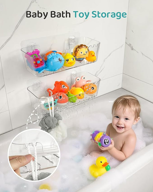 Bath Toy Storage Organizer 4 Pack, Transparent Bath Toy Holder with Drain Holes, Durable Plastic Bathtub Toy Storage for Bathroom, Quick-Dry Drainable Shower Caddy, Easy to Clean (Plastic 4 Pack)