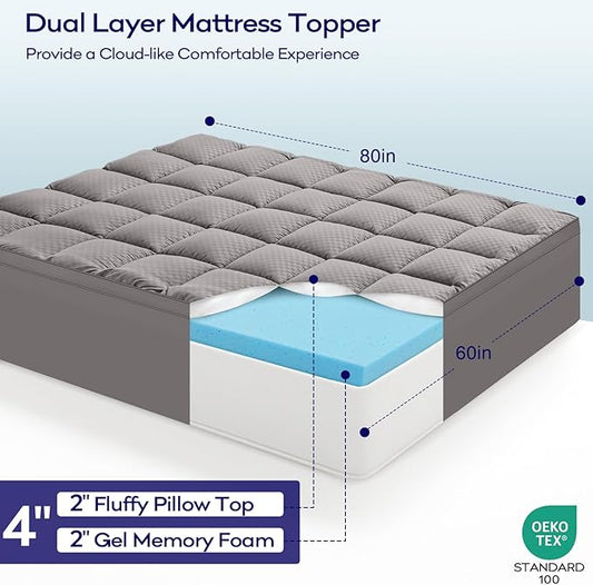 OLANLY Dual-Layer 4 Inch Queen Size Memory Foam Mattress Topper for Back Pain, 2 Inch Cooling Pillow Top Mattress Pad Cover and 2 Inch Gel Memory Foam Topper, Deep Elastic Pocket, Light Grey