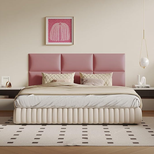 Pink Peel and Stick Wall Panels Headboard Set - 12-Panel Wall Mount Bed Backboard Queen/King Size, 24"x12" Faux Leather Panels