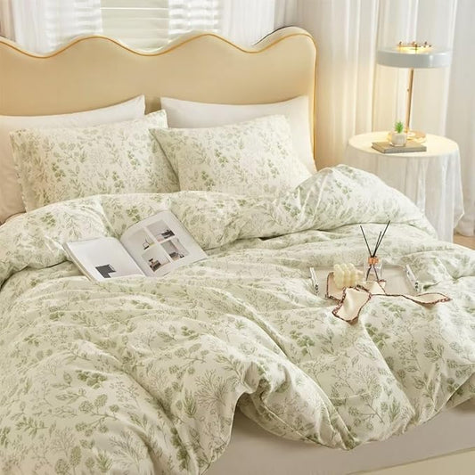 MKXI Country Botanical Comforter Set King Size White with Green Plants Print Lightweight Bedding for Girls All Season Warm Soft Comforter Sage Green Floral