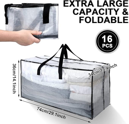 Mixweer 16 Pcs Heavy Duty Extra Large Moving Bags Oversize Waterproof Storage Bags with Zippers, Handles 29 x 14 x 13'' Packing Bags for Moving Storage Tote for Space Saving Moving Storage(Clear)