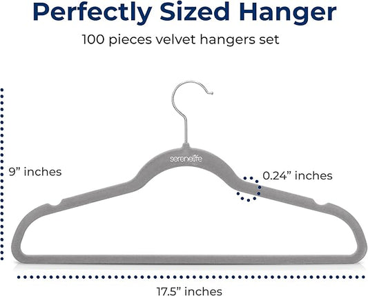 SereneLife 100-Pack Premium Velvet Hangers – Ultra-Thin, Non-Slip & Heavy-Duty Clothes Hangers with 360° Swivel Hooks – Space-Saving Velvet Coat Hanger Set for Shirts, Suits, Dresses & Jackets (Gray)