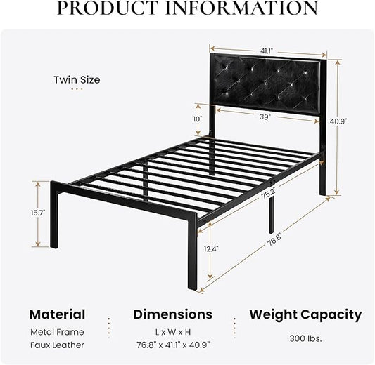 SHA CERLIN Twin Size Metal Platform Bed Frame, PU Leather Upholstered Button Tufted Headboard, Mattress Foundation with 12.4” Under-Bed Storage, Noise-Free, Easy Assembly, No Box Spring Needed, Black