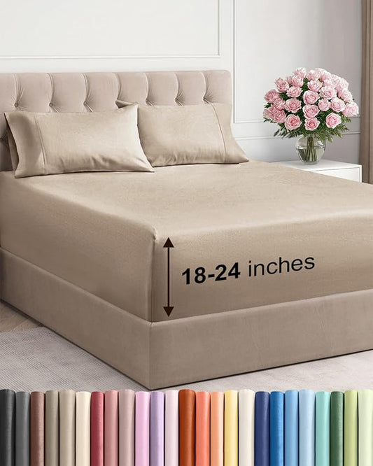 Extra Deep Pocket Cal King Sheets - 4 Piece Breathable & Cooling Bed Sheets - Hotel Luxury Bed Sheet Set - Soft, Wrinkle Free & Comfy - Easily Fits Extra Deep Mattresses - Deep Pocket Cream Sheets Set