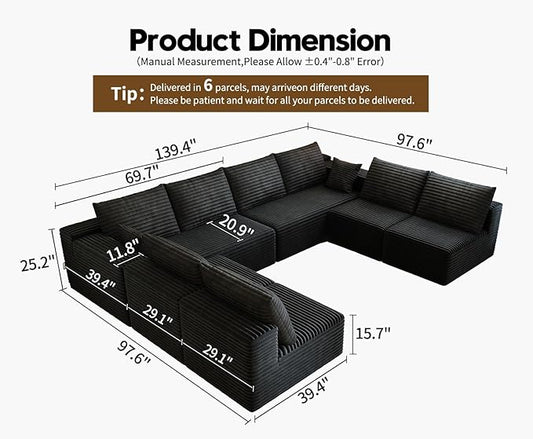 139.4" Modular Sectional Sofa Couch, Oversized U-Shaped Minimalist Couches with 4 Middle Seats Chaise, Modern Deep Seat Cloud Plush Corduroy Sofas Set for Living Room, 8 Seater, Black