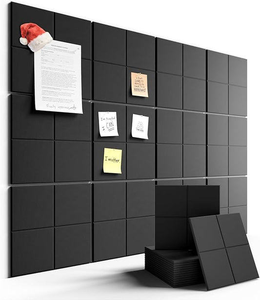 Large Felt Bulletin Board 48" x 36", 12-Pack 4-Compartment Wall Organizer, Cork Board Alternative with 70 Removable Adhesive Tabs, Modular Felt Panels for Home Office, Classroom and Study-Black