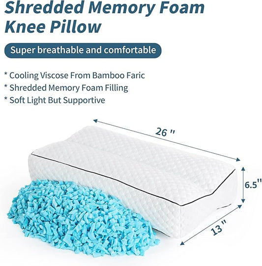 HOMBYS Shredded Memory Foam Knee Pillow for Side Sleepers, 6.5" Height Pillow Between Legs for Aligns Spine & Relieves Pressure Hip & Leg Elevation, Supportive Pillow for Pregnancy, Sciatica, White