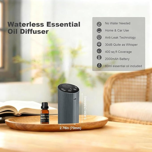 Waterless Essential Oil Diffuser Starter Kit for Home Car Office, Small Scent Diffuser with 60mL Fragrance Oil, Battery Operated, Portable Aromatherapy Diffuser Machine,Silvergrey with Hotel Scent