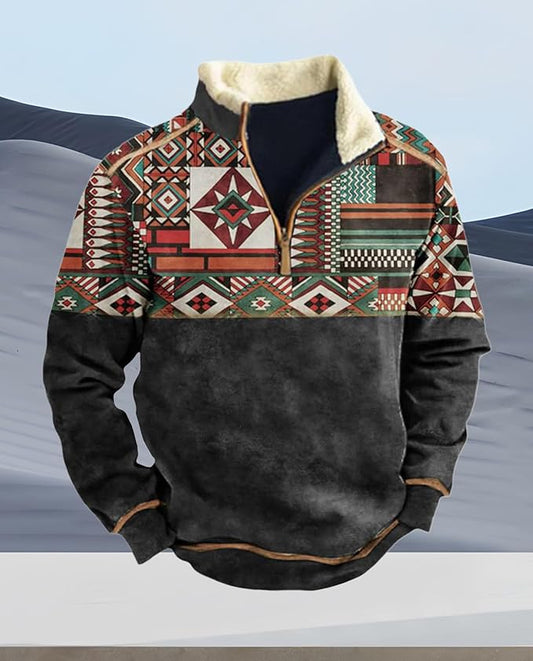 Western Sweatshirts for Men Aztec Cowboy Vintage Graphic Fleece Hoodie Mens Quarter Zip Pullover Country Jacket