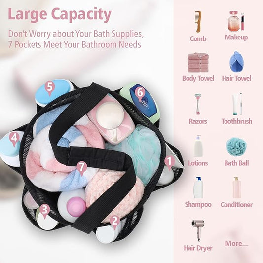 F-color Mesh Shower Caddy Portable, Large Capacity Shower Bag Basket Tote for College Dorm Room Toiletry Gym Rv Essentials, Bathroom Caddy Bag with S Hook, Black