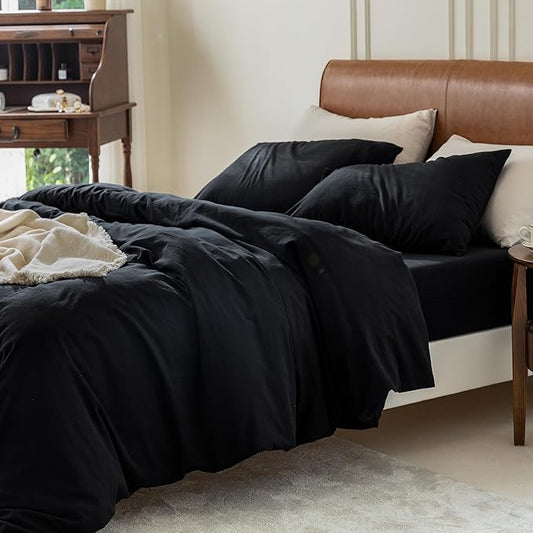 FOSSA Duvet Cover Set 100% Washed Cotton 3 Pieces Bedding Set Twill Soft Cozy Breathable Sturdy Substantial with Textured Weave Solid Black Full/Double