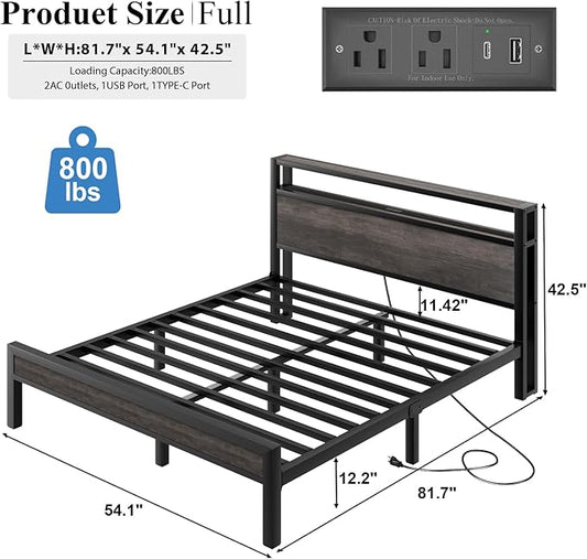 Full Size Bed Frame with Storage Headboard, Industrial Platform Bed with Charging Station and LED Lights, Heavy Duty Metal Slats, No Box Spring Need, Noise Free, Grey