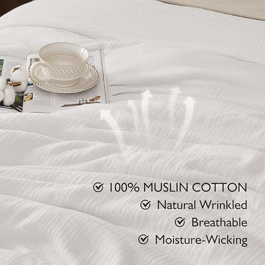 EMME Muslin Cotton Duvet Cover Set Cream White King Size Linen Like Soft Breathable Lightweight Summer Comforter Cover Set with Zipper Closure (Cream White, King, 104"x90")