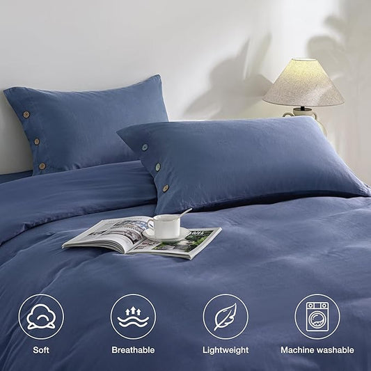 JELLYMONI Pillowcases - Standard Set of 2 Cotton Button Pillow Covers, 20×26in Blue Bed Pillow Cases, 100% Washed Cotton Soft Breathable