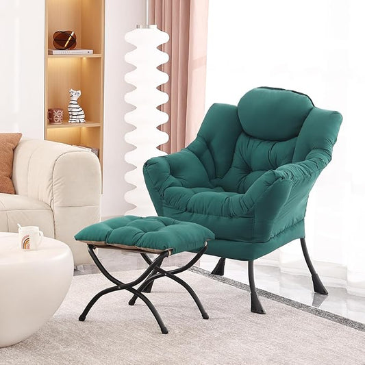 Lazy Chair with Folding Ottoman, Modern Accent Lounge Armchair with Armrests and a Side Pocket & Foldable Footstool, Leisure Reading Chair for Living Room, Bedroom, Dorm & Office, Dark Green