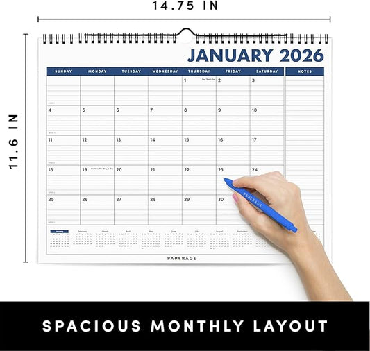 PAPERAGE 2026 Calendar, 12 Months (January 2026 - December 2026), Medium (11.5 in x 14.75 in), Minimalist Wall and Desk Calendar with Monthly Views, Yearly Plans & Notes Section – Navy