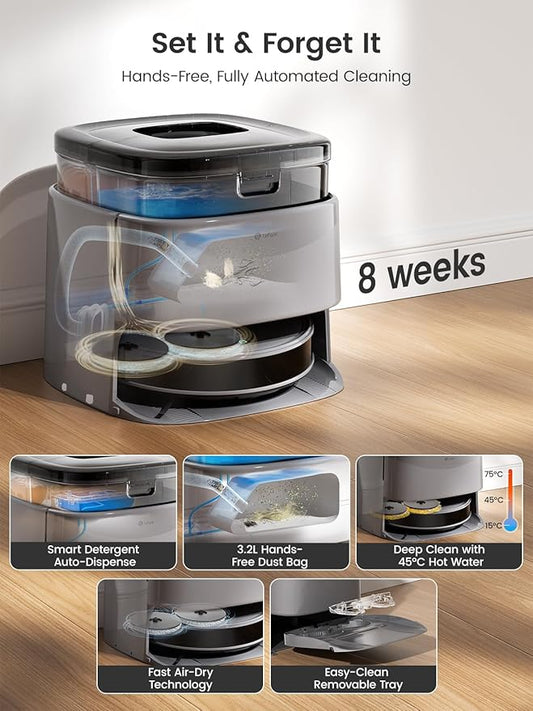 Lefant M3 Max Robot Vacuum, Robot Vacuum and Mop, 20000Pa Suction, Anti-Tangle Brushes, Dual Spinning Mop,Smart Obstacle Avoidance,Self-Emptying&Refilling,Auto Mop Washing&Drying,Gray