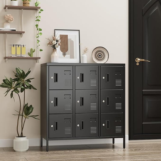 Aobabo 9 Doors Metal Storage Locker for Employees, Steel Storage Locker with Lock and Card Slot, for Home, Office, School, Gym, Require Assembly, Black