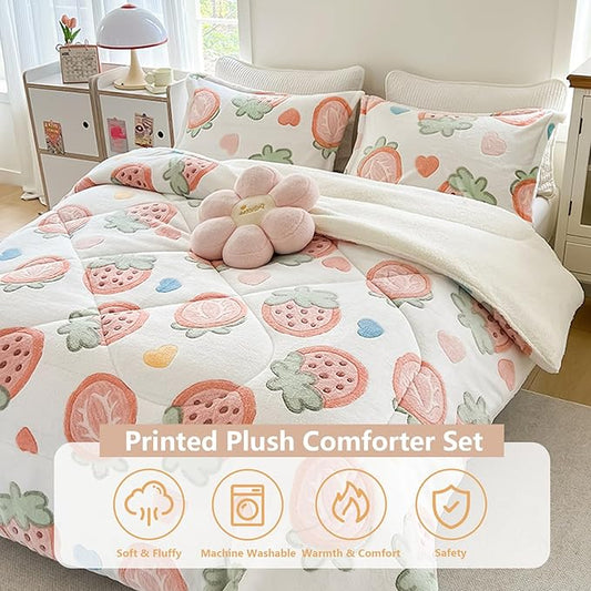 Strawberry Print Fleece Comforter Set - 3 Piece Full Size Comforters for Her Girls, Cozy Thick Warm, Soft Microfiber Bedding Bedroom Decor, (1 Comforter + 2 Pillow Shams)