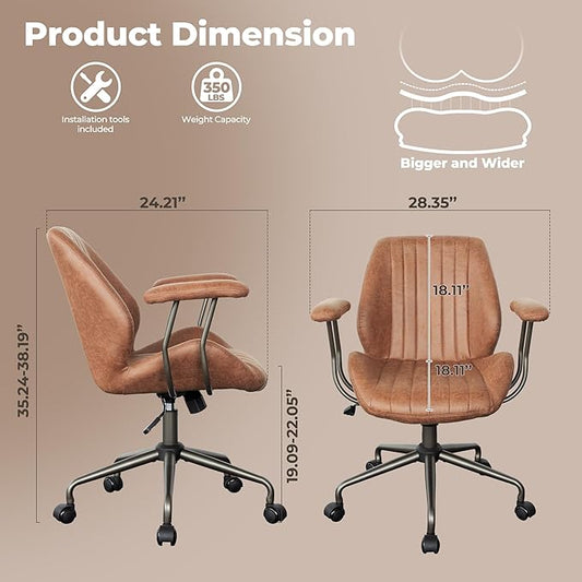 ovios Ergonomic Office Chair, Mid Back Faux Leather Executive Chairs with Armrests, Comfy Mid-Century Modern Swivel Rolling Computer Armchair (Brown, Suede Leather)