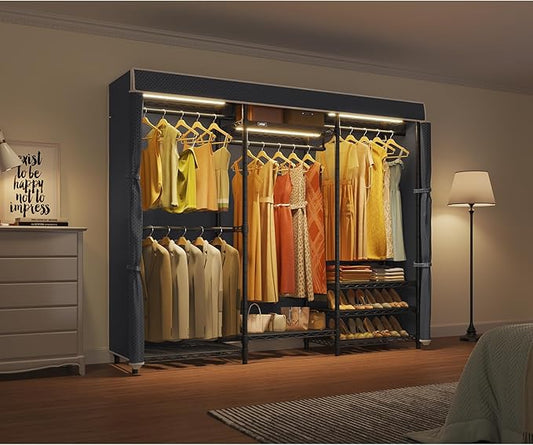 VIPEK V5LC Garment Rack Heavy Duty Covered Clothes Racks with Dimmable LED Light 3000K Warm White, Portable Closet Wardrobe Freestanding Clothing Racks for Hanging Clothes, Black Rack with Black Cover