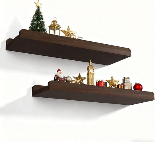 Love-KANKEI Floating Shelves Wall Mounted Set of 2, 17 Inch Rustic Wood Wall Shelves for Storage, Bedroom Living Room Bathroom Kitchen Office and More Dark Walnut