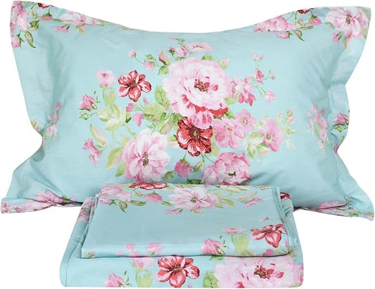 FADFAY 100% Cotton Shabby Pink Floral Print Bed Sheet Sets 4 Piece - California King Size