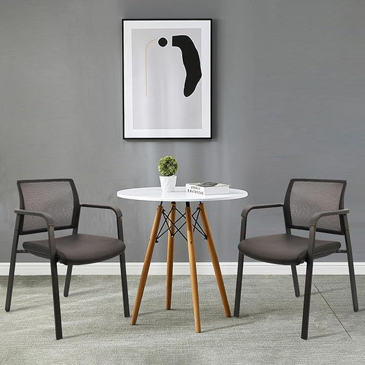 CLATINA Stackable Office Chair, Mesh Back Guest Chairs with Comfortable Leather Seat Arms Stacking Ergonomic Desk Chair No Wheels for Conference Waiting Reception School Stationary, Black, Set of 2