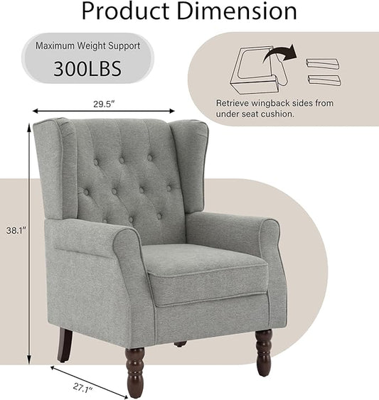 Lumibee High Back Accent Chair Set of 2,Upholstered Wingback Armchair with Solid Wood Legs for Small Spaces,Comfy Single Sofa Chair for Living Room,Bedroom,Office-Light Gray