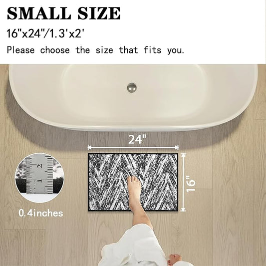 Woven Bath Mat, Modern Bathroom Rug Non-Slip, Washable, Ultra-Absorbent, Quick-Drying Minimalist Bathroom Decor (Black, 24"x16")