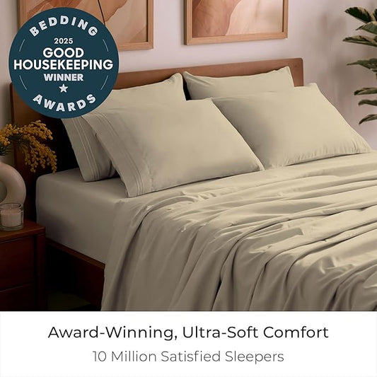 Mellanni Full Sheet Set - 6-Piece Iconic Collection Bedding, (Including 4 Pillowcases), 21-Inch Extra Deep Pocket, Easy Care, Ultra Soft, Cooling Sheets, Brushed Microfiber - New Beige