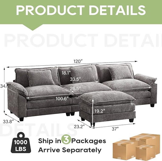 120" Modular Sectional Sofa, Comfy Cloud Couch Sectional Sofa with Ottoman, Chenille Sofa Sleeper Deep Seat Sofa with Throw Pillows for Living Room (Light Gray, 120"- L Shape)