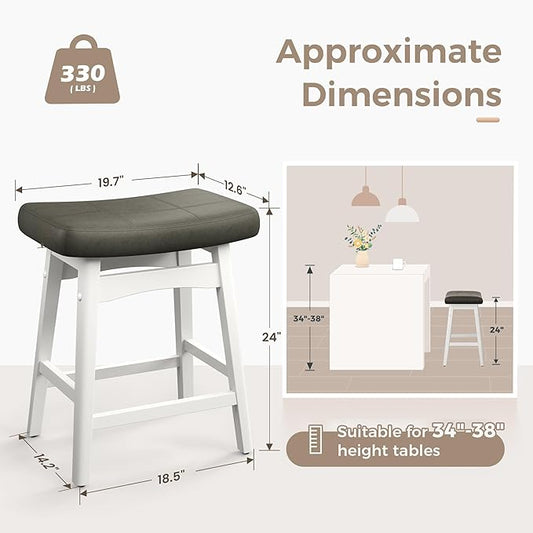 MAISON ARTS White Counter Height Bar Stools Set of 2 for Kitchen Counter Solid Wood Legs with Faux Leather Saddle Seat Farmhouse Barstools for 34"-38" Counter Island Upholstered Stools, 24in Height