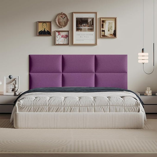 12-Piece Purple Linen Upholstered Headboard King Size Set, Wall Mounted Panels & Headboard, Dramatic Fabric Feature Wall for Bedroom