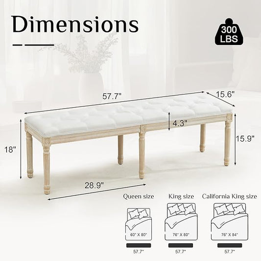 LOULENS 57.7" Linen Fabric End of Bed Bench King Size, French Upholstered Tufted Bench with Carved Wood Legs for Bedroom, Window Seat, Living Room, Entryway, White