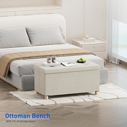 BRIAN & DANY 30 Inches Folding Storage Ottoman Bench, Ottoman with Storage Bench for Bedroom, Living Room, Entryway, Foot Rest with Legs, Beige