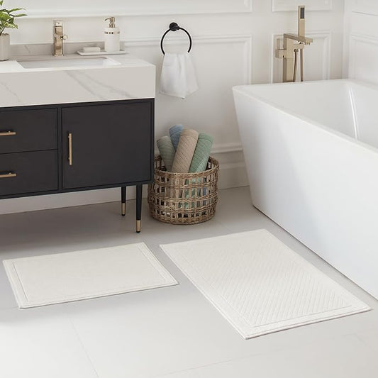 Arkwright 100% Cotton Bathroom Rug - High Absorbent Stylish Textured Woven Design Bath Mat, Slip Resistant Backing for Shower and Bathtub Floor, 20x32 in - White