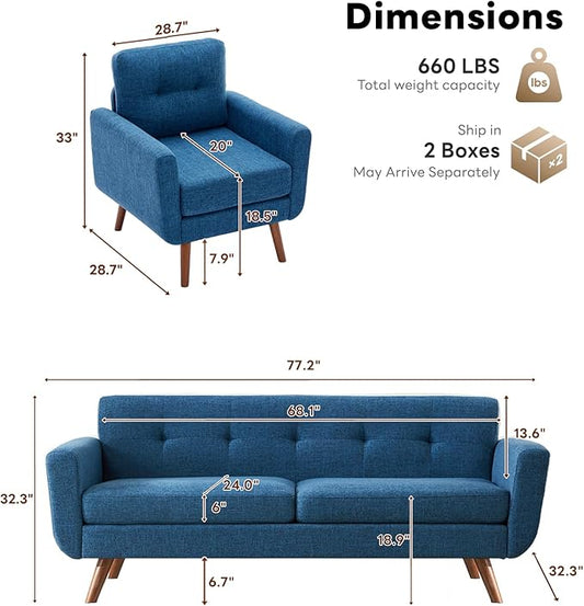 Tbfit Mid Century Modern Sofa Couch, Blue, Standard Sofa & Accent Chair