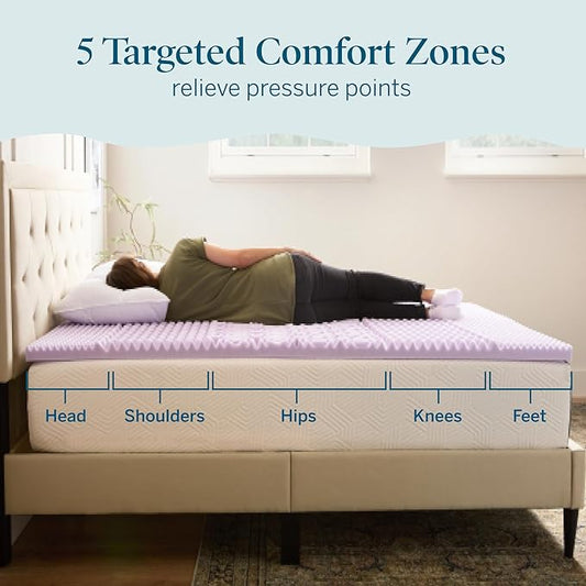 LUCID Lavender Infused 2 Inch Memory Foam Mattress Topper with 5 Zones β Queen Size β Plush Feel β CertiPUR Certified β Dorm Room Essentials