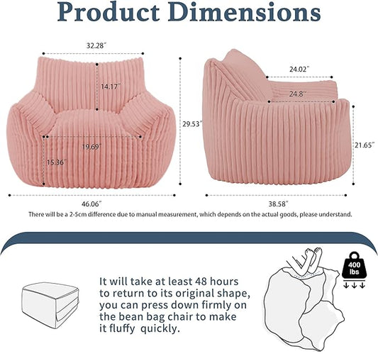 Giant Plush Bean Bag Chair for Adults with Armrests - Oversized Comfy Pink Beanbag Lounge Lazy Floor Sofa Accent Chair for Living Room, Bedroom & Dorm, Cozy Fluffy Single Cloud Mini Couch